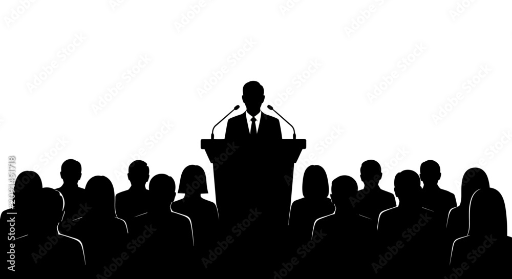 Obraz premium Speaker at podium with audience in black silhouette presentation lecture conference meeting event public address