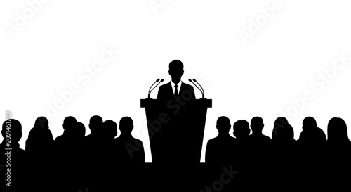 Картината върху платно Speaker at podium with audience in black silhouette lectern presentation public