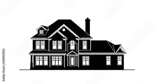 Schilderij op canvas Detailed two story house silhouette with gabled roof and chimney black on white