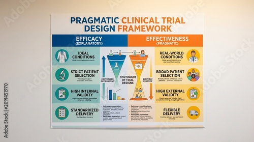 Pragmatic clinical trial design framework poster with effectiveness versus efficacy considerations on a research office wall