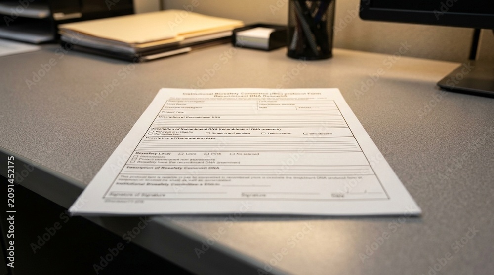 Obraz premium Institutional biosafety committee IBC protocol registration form for recombinant DNA research on a safety officer desk