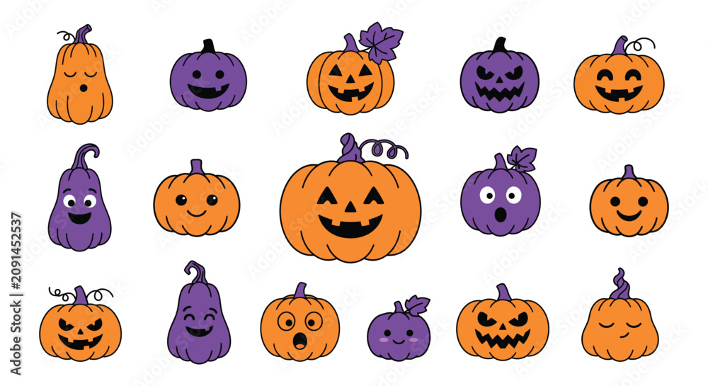 Obraz premium Cute Halloween pumpkin faces icon set, spooky jack o lantern vector elements