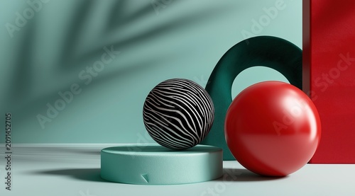 Minimalist geometric podium with zebra stripe sphere and red ball. Abstract modern product display stage with leaf shadow. 3d composition with shapes