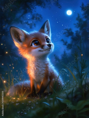 Vertical illustration of a cute baby fox looking up at the full moon. Whimsical night scene with stars and glowing fireflies in a forest clearing