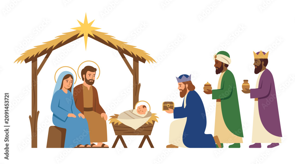 Obraz premium Nativity Scene Illustration with Mary Joseph Baby Jesus and Three Wise Men Bearing Gifts