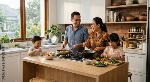 Indonesian family laughing while cooking traditional food together in home kitchen