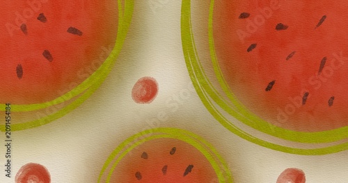 Watercolor watermelon fruit pattern background. Hand drawn red juicy summer fruit slices with seeds on textured paper