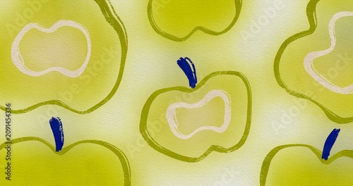 Watercolor green apple fruit pattern background. Cute hand drawn minimal apple silhouettes with blue stems on textured paper canvas