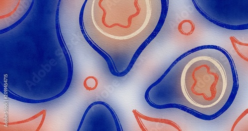 Abstract watercolor organic shape pattern background. Stylized blue and orange fruit silhouettes on textured canvas paper backdrop
