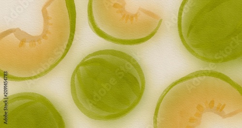 Hand drawn watercolor melon fruit pattern background. Fresh green whole melons and orange cantaloupe slices on textured paper canvas