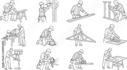 Photos Set of professional carpenters and woodworkers line art icons isolated on white