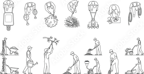 Set of professional gardeners in top view and elevation line art isolated on white background