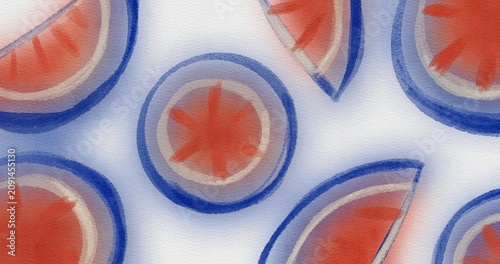 Abstract watercolor orange citrus pattern background. Creative red fruit slices with blue rinds on textured canvas paper backdrop
