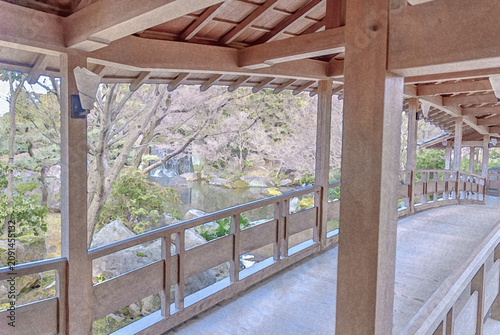 Fotografie 姫路城西御屋敷跡庭園「好古園」の木造渡り廊下から望む、滝と池が調和した「御屋敷の庭」の情緒溢れる風景/Atmospheric View of a Waterfa