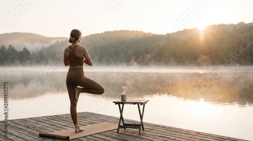 Woman practicing yoga tree pose on wooden pier at sunrise with misty lake and steaming coffee cup