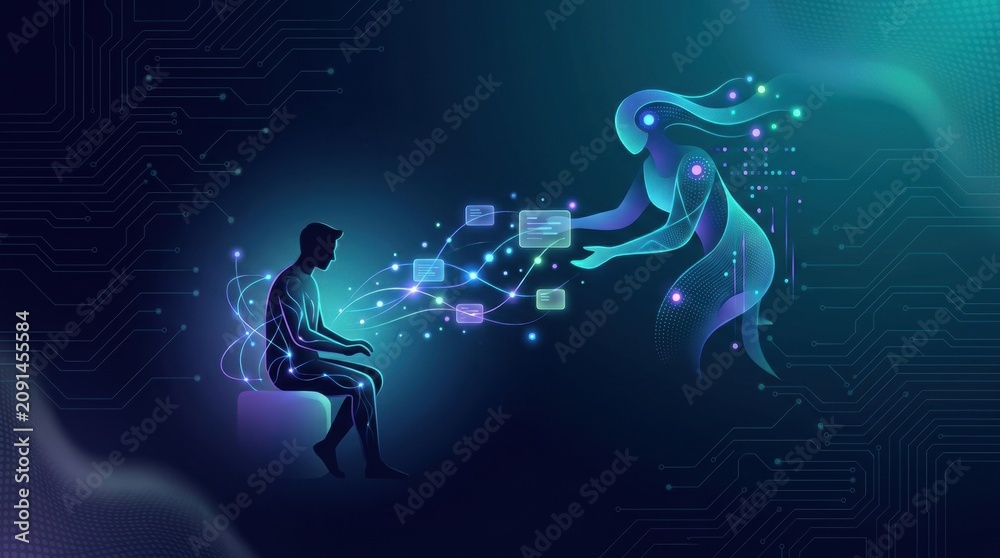 Obraz premium A human figure sits in a dark space while a digital figure reaches out, sharing data and ideas. This scene explores AI governance and literacy.