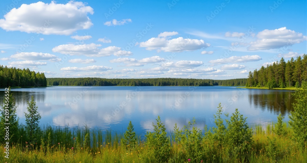 Fototapeta premium Lake Rutajarvi summer panorama (Finland). Ai generative 