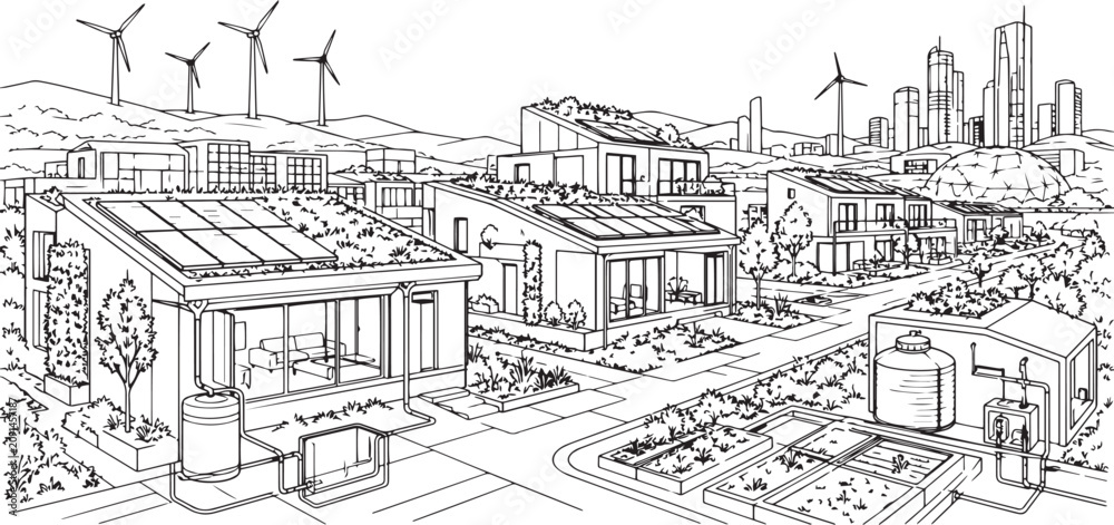 Fototapeta premium City landscape. Line urban backdrop, different buildings on street, doodle street draw, outline cityscape hand sketch, flat houses. Hand drawn vector illustration