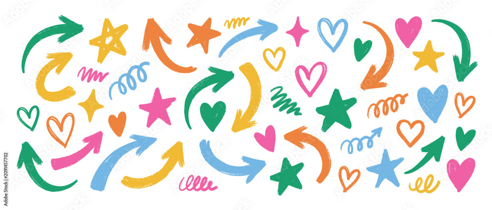 Fototapeta premium Arrow Star Heart Doodle Hand Drawn Scribble Elements Set Colorful Vector Illustration 