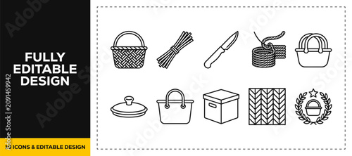 flat vector illustration line art icon bundle set design highlighting household utility items storage baskets kitchen culinary equipments and domestic tools graphics UI apps