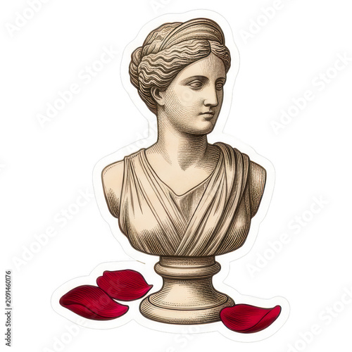 Classical Bust with Red Rose Petals Sticker Illustration.