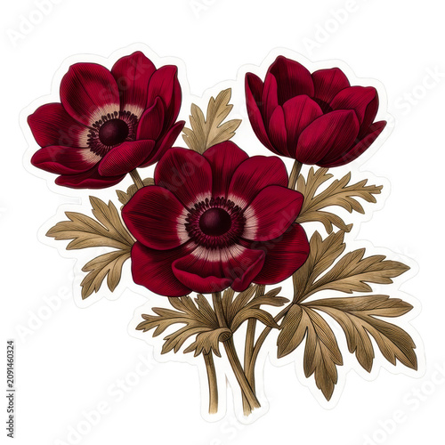 Red anemone flowers with green leaves botanical illustration.