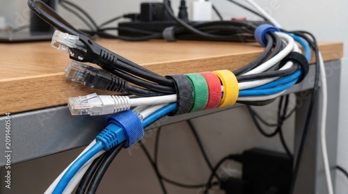 Bundle of colorful ethernet cables organized and secured with velcro ties on a desk edge