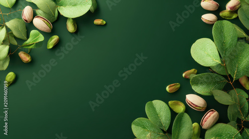 Green background with green pistachio leaves and pistachios