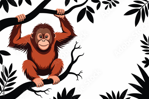 Cute fluffy brown orangutan monkey hanging happily from a wild jungle tree branch artwork graphics, wildlife animal concept