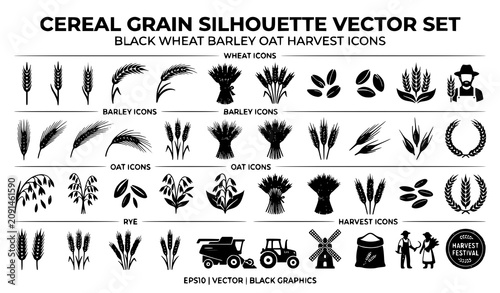 Fotografie Generate a distinctive vector illustration containing 28 unique black cereal grain silhouette icons isolated on a solid white background