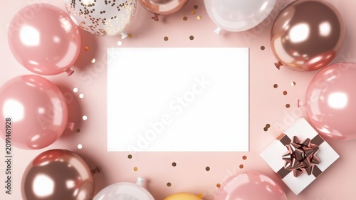 Elegant birthday or party celebration flat lay with pink and rose gold balloons, gift, confetti, and a blank white card for text on a pastel background.
