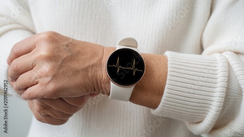 Person wearing a smartwatch displaying an ECG heart rate graph on wrist