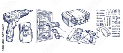 Photos Electrician tools set sketch illustration of electrical panel installation and construction equipment hand holding cordless drill near multimeter blueprint and hardware accessories in line art style