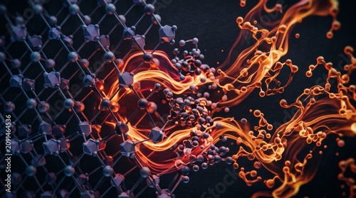 Obraz na płótnie Abstract molecular structure interacting with fiery energy waves