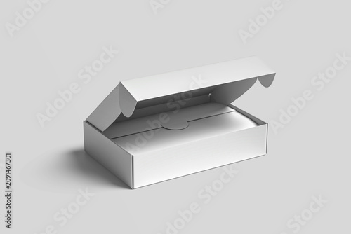 Open and closed white realistic cardboard box with paper and a sticker on a light background. The concept of business gifts. Mock up. 3d rendering 
