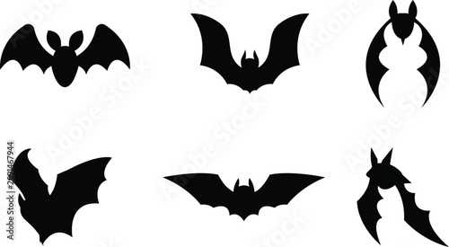 Collection of six unique black bat silhouettes on white background
