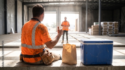 Warehouse Construction Workers Pause for Heat Recovery Conversation