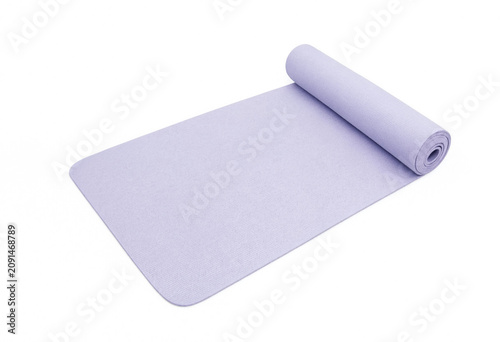 Light purple yoga mat partially unrolled on white background with exercise wellness stretching equipment