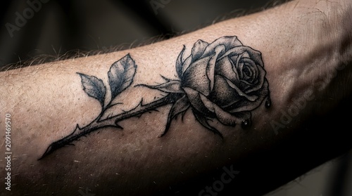 Black and Gray Dead Rose Tattoo Arm Close Up