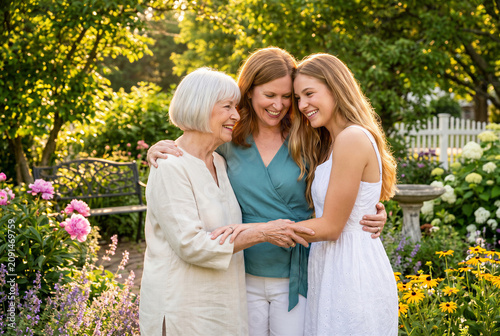Three generations of women embracing in a blooming garden  