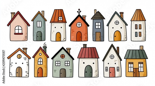 Hand drawing traditional tiny houses, cute rustic buildings with colorful roofs representing neighborhood and settlement