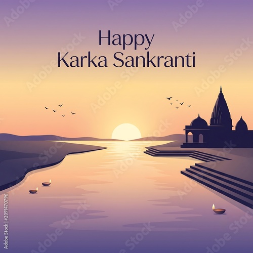 Serene sunset view over a traditional temple by the riverbank during a peaceful cultural celebration event