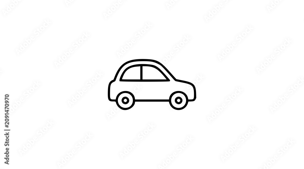 Fototapeta premium Tiny rounded small car vector illustration in smooth black outline, charming minimalist transport icon for parking guides, travel maps, urban mobility apps, rental services, and children's graphics