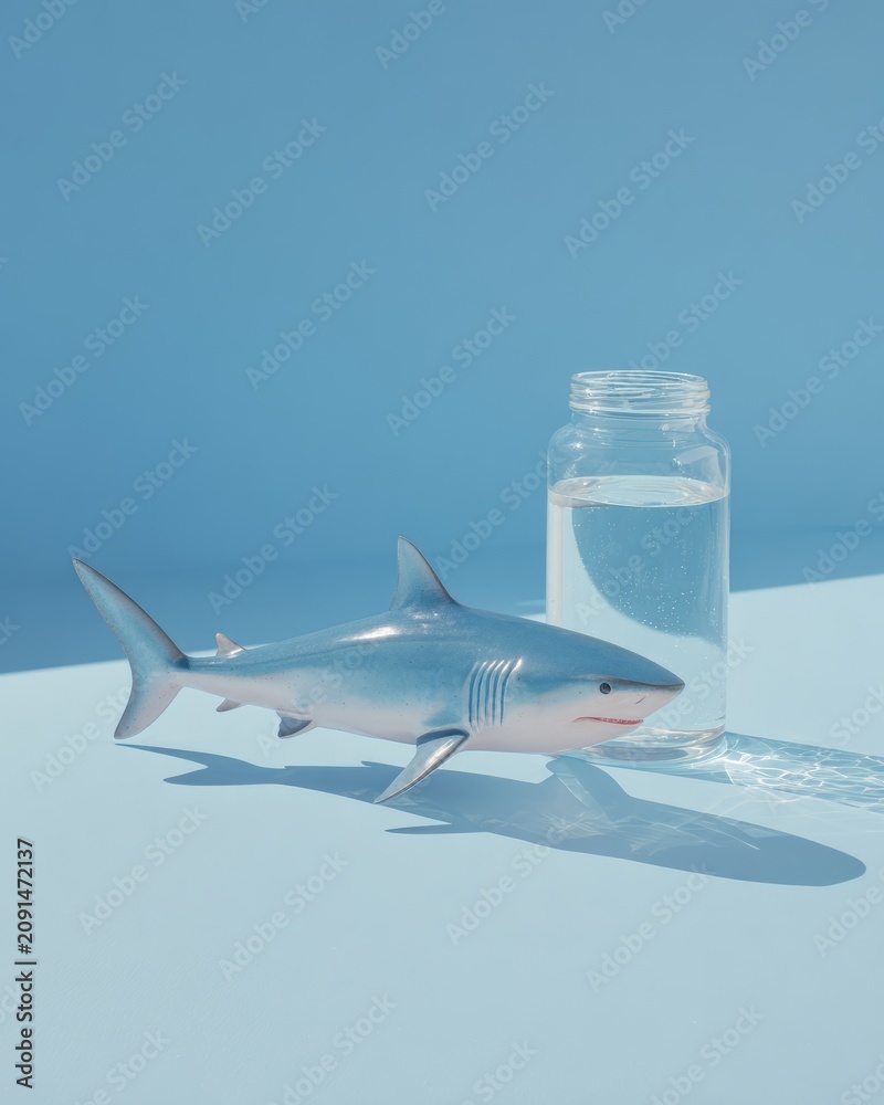 Naklejka premium Plastic Shark Model with Water Jar on Blue Background