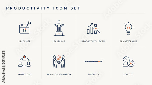 Minimalist productivity icon set with eight simple business and workflow concepts . Vector Flat Illustration.