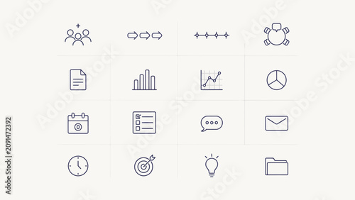 Set of minimalist business and productivity flat icons in clean line art style . Vector Flat Illustration.