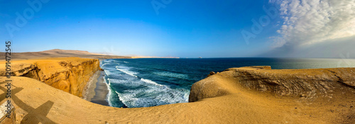 Peru, South America: breathtaking aerial and panoramic view of Playa Supay, one of the most famous beaches in the Paracas National Reserve, a protected natural area on the southern coast 