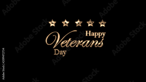 Image displays golden calligraphy of happy veterans day on black background with a shining star. Suitable for designs honoring veterans, social media posts,
and greeting cards.
