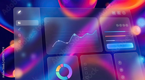 Neon lit dashboard with graphs and charts on a futuristic interface