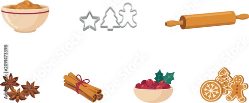 Foto Christmas Gingerbread Holiday Baking Vector Icon Set with Cookie Cutters, Rollin